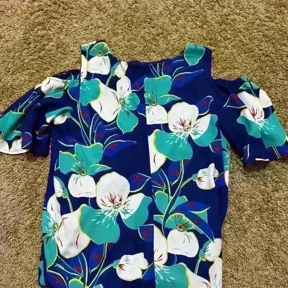 Luxology Women's Floral Cold Shoulder Dress Size 12 Navy Blue Short Sleeve - Picture 3 of 9